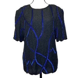 Vintage Scala Black and Blue Sequin Beaded Silk Top 
– Size XL